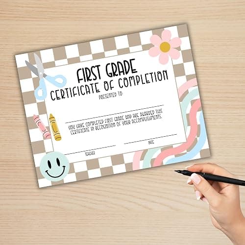 1st Grade First Graduation Certificate of Completion Award 30pk 8.5x11” End of Year Hand Out Tan Neutral Checkered Modern 90’s Smiley Faces Friendship Bracelets thumbnail 2