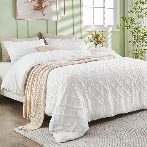 HYMOKEGE Twin Duvet Cover, Boho Tufted Twin Duvet Cover Set 3 Pieces, Soft & Lightweight Shabby Chic, Embroidery Bedding Set for All Seasons, 68" × 90" & 1 Pillow Sham, White thumbnail 2