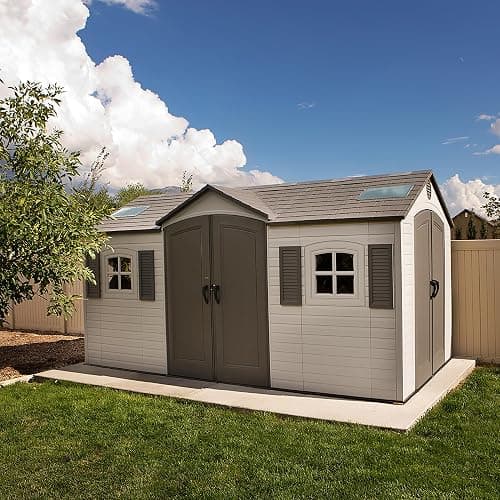 Lifetime 15×8 Ft Dual‑Entry Outdoor Storage Shed, Steel‑Reinforced, UV‑Protected, Weather‑Resistant Backyard Garden Shed with Skylights, Windows & Shelving, Desert Sand thumbnail 2
