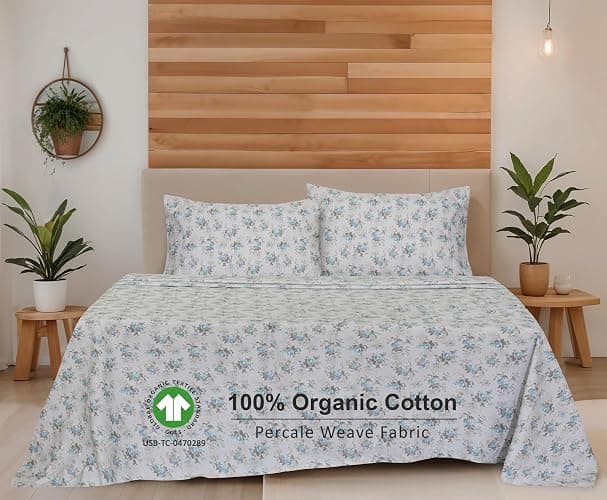 RUVANTI 100% Organic Cotton Sheets California King, Percale Weave, GOTS Certified, 4-Piece Set, Deep Pocket 13", Crisp & Breathable, Soft Durable Bedding, Sábanas Algodón Orgánico – Blue Rose thumbnail 3