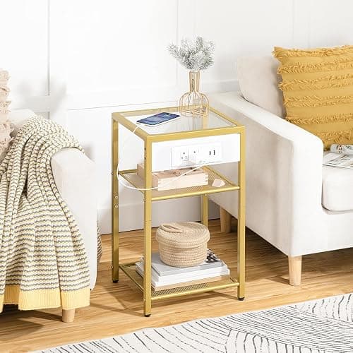 HOOBRO End Table with Charging Station, Side Table with USB Port & Power Outlets, 3-Tier Slim Nightstand with Storage Shelves, Tempered Glass, for Living Room, Bedroom, Gold GD77UBZ01 thumbnail 2