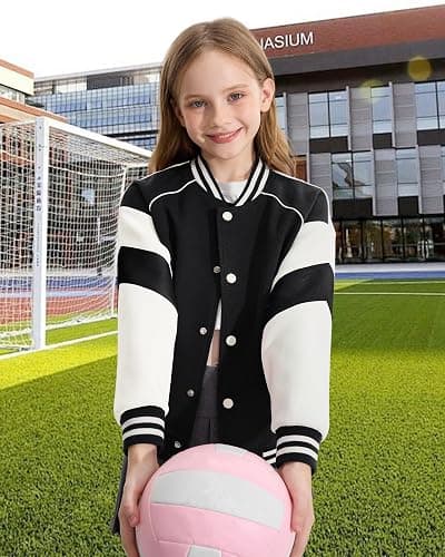 Rolanko Girls Boys Baseball Jacket Varsity Style School Sweatjacket with Pockets Bomber Coat Outwear for Kids thumbnail 3