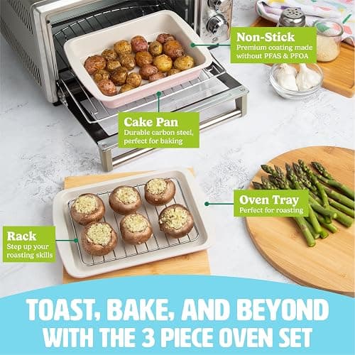 Tasty Nonstick Toaster Oven Baking Set Includes Cake Pan, Oven Tray, Rack, Carbon Steel Bakeware, 3-Piece Set, Pink thumbnail 3