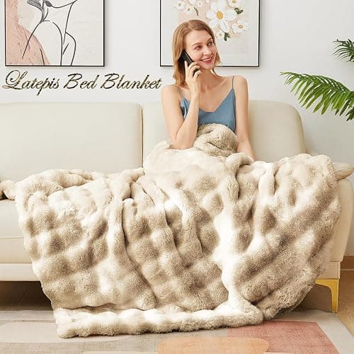 Latepis Soft Luxury Faux Fur Bubble Blanket, Thick Warm Cozy Throw Blanket for Couch, Plush Fluffy Blanket for Sofa and Bedroom Women Gift, 50” x 60”, Tie-dye Camel, 860GSM thumbnail 6