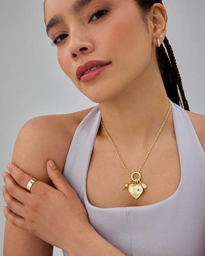 PAVOI 14K Gold Plated Cluster Toggle Pendant Heart Charm Necklace for Women - Chain Heart, Star, Gemstone Evil Eye, Teardrop Cubic Zirconia Pendant Gold Charms Necklaces thumbnail 4
