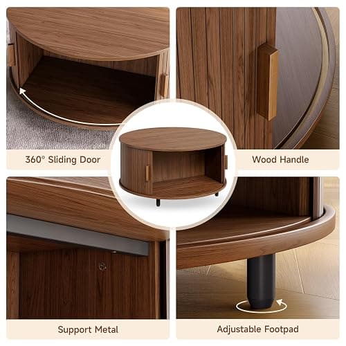 ONBRILL Round Coffee Table with Storage, 31.5" Modern Coffee Table with 360° Curved Sliding Door, Fluted Wood Accent Coffee Table with Adjustable Footpads, Round Center Table for Living Room, Walnut thumbnail 5