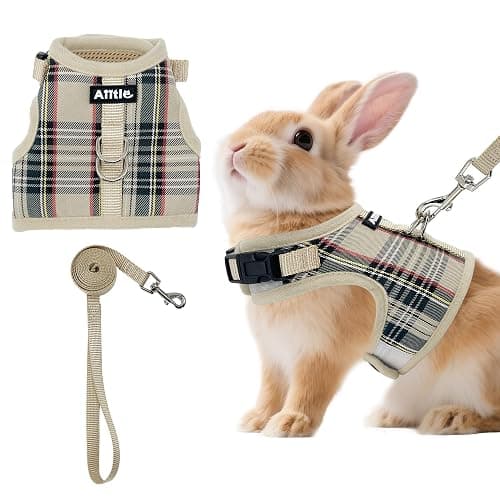 AIITLE Adjustable Bunny Harness & Leash Set - Soft Mesh Liner, Comfort Fit Plaid Pattern Vest with Magic Tape Design, Portable for Small Animal Pets Puppy Cat Rat Squirrel Ferret, Beige L - Image 1