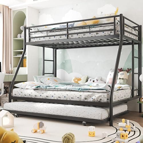 Shintenchi Twin Over Full Size Bunk Bed with Trundle, Heavy-Duty Metal Frame, 2 Ladders & Full-Length Guardrail, Space-Saving Sleep Solution for Kids/Teens/Adults, Black thumbnail 3