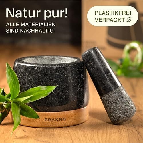 Praknu Mörser aus Granit klein mit Stößel - Für ein feines Mahlergebnis - Mit Untersetzer aus nachhaltigem FSC® Holz - Leicht zu Reinigen thumbnail 6