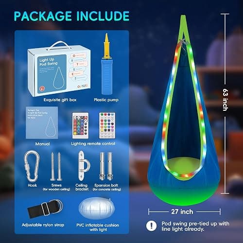 OUTREE Light Up Pod Swing Seat, Sensory Swing with LED Light, Cotton Kids Chair for Indoor and Outdoor, Hammock Chair Easy to Install, Blue thumbnail 6