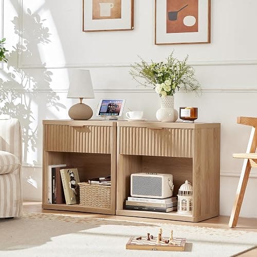 LEYAOYAO 48" Wide Fluted Dresser and 1 Drawers 23" Nightstand Set of 2, Wooden Dresser & Night Stand with Charging Station, 3 Piece Bedroom Furniture Set, Chest of Drawer for Living Room,Natural Wood thumbnail 2