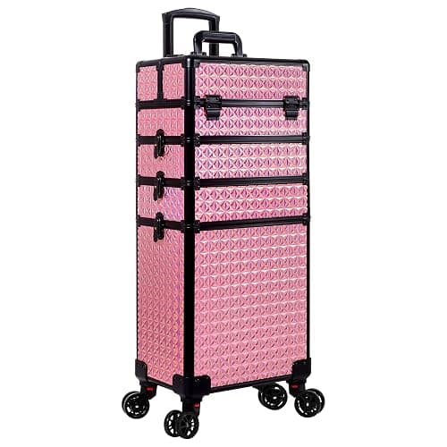 AROUS 5 in 1 Rolling Makeup Train Case Cosmetology Case on Wheels Large Cosmetic Organizer Travel Cart for Hairstylist Artist Nail Beauty Salon Barber,Pink - Image 1
