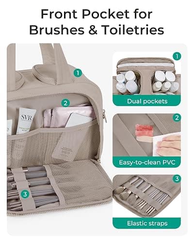 BAGSMART Travel Toiletry Bag, Crush Toiletry Bag for Women, Wide-open Puffy Toiletry Bags for Traveling, Large Travel Cosmetic Makeup Bag Organizer for Accessories,Toiletrie, Grayish Brown thumbnail 3