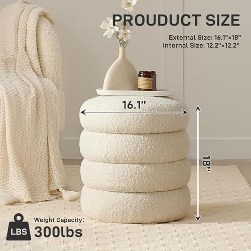 Krcix Round Ottoman with Storage Boucle Ottoman Stool with Storage Removable Lid for Living Room Modern Vanity Sorage Stool Foot Rest Bedroom Dorm Gift Set of 1 (White) thumbnail 2