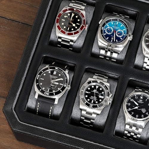 ROTHWELL 12 Slot Leather Watch Box for Men - Luxury Case Display Jewelry Organizer with Microsuede Liner - Travel Jewelry Case for Mens Accessories, Travel Organizer (Black & Grey) thumbnail 5
