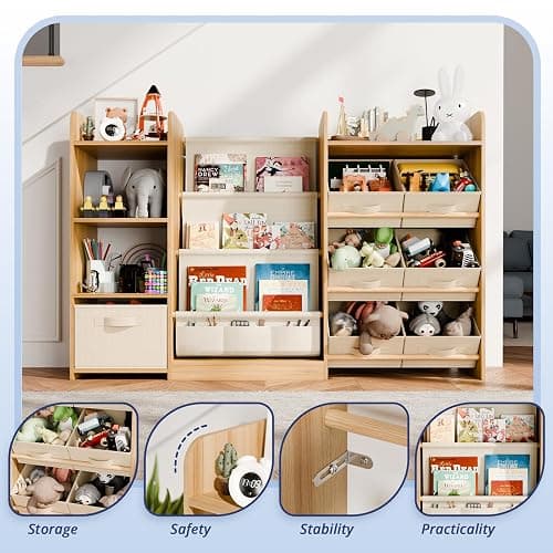 Kids Bookshelf and Toy Storage with 7 Removable Bins, 51 inch, Burlywood | Baby Bookshelf and Toy Organizer, Kids Bookcase, Large Toy Storage with 4-Tier Book Shelf for Kid Room, Playroom, Classroom thumbnail 4