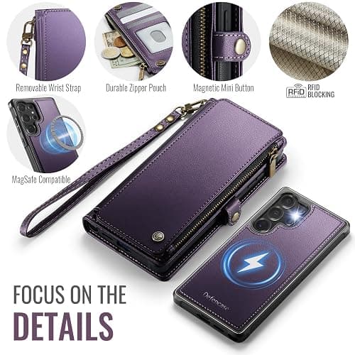 Defencase for Samsung Galaxy S25 Ultra Magnetic Wallet Case Compatible with Magsafe with RFID Blocking Zipper & Card Holder Women, PU Leather Detachable Phone Case for Galaxy S25 Ultra 6.9", Purple thumbnail 8