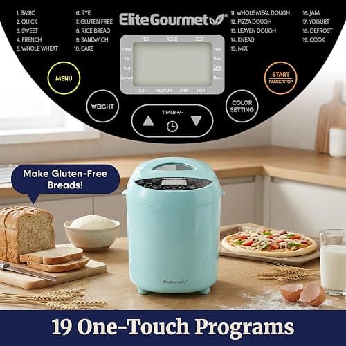 Elite Gourmet Programmable Bread Maker, 2 Lb, 3 Sizes, 19 Presets, Mint | Features Gluten-Free, Dough and Jam Presets Plus a Delay Timer thumbnail 5