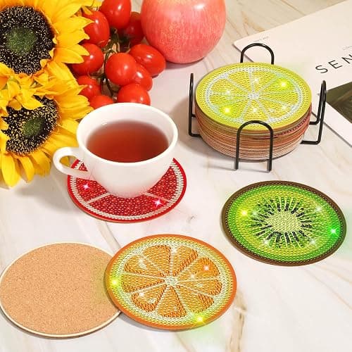 Billbotk 12 Pieces Diamond Art Painting Coasters Kit with Holder, Diamond Art Coasters, DIY Diamond Crafts Projects, Diamond Dot Kits for Adults and Beginners(Fruit Style) thumbnail 2