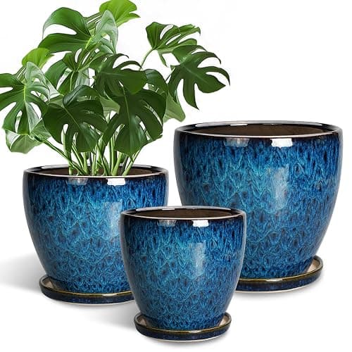 EPFamily Plant Pots Indoor, Ceramic Planters Pots with Drainage Holes and Saucers, 10+8+6 Inch, Set of 3, Round Large Flower Pots for Indoor Outdoor Plants, Blue - Image 1