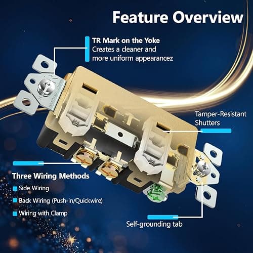 LIDER Child Safe Tamper-Resistant Wall Outlet with Screwless Brushed Wall Plate, Residential Grade, 15A 125V, LR15-TR-GDSBWP, UL Listed, Thermoplastic, Matte Gold thumbnail 3