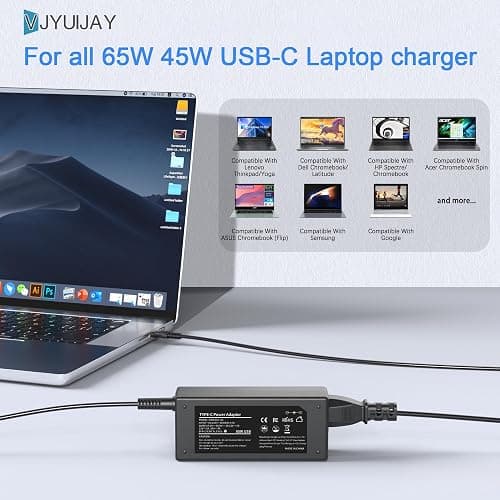 VJYUIJAY Universal 65W USB C Laptop Charger Compatible with HP chromebook Lenovo Dell Acer Asus Samsung Google Computer Type C Power AC Adapter thumbnail 7