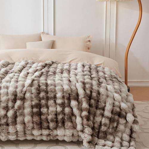 COOVA Faux Fur Throw Blanket for Couch, Cozy Soft and Fuzzy Plush Rabbit Fur Bubble Blanket for Sofa Bedroom Living Room, 60x80 Inches Tie Dye Brown thumbnail 2