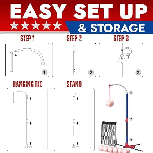 3-in-1 Baseball Set for Kids and Toddlers Ages 3-5 – Includes Tee Ball Stand, Hanging Tee, Automatic Ball Launcher, and 6 Softballs – Adjustable Height for Indoor/Outdoor Play – Sports Gift for Boys thumbnail 6