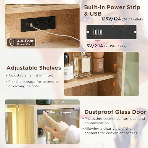 T4TREAM 48" Fluted Makeup Vanity Desk with Large 36" Mirror and Lights, Modern Glass Top Big Vanity Table with 5 Drawers & Adjustable Shelves, Dressing Table Set w/Charging Station for Bedroom, Oak thumbnail 7