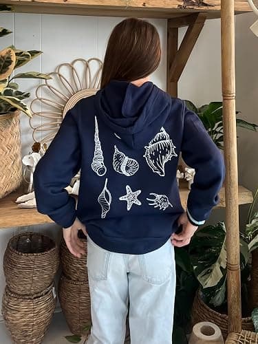 Yiulangde Women Teen Girls Cute Embroidered Flower Ocean Graphic Hoodies Coastal Preppy Long Sleeve Pocket Hoodie Sweatshirts - Conch Navy - Small thumbnail 3