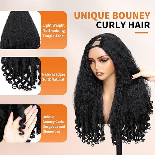 Geogroket Afro Curly V Part Wig Kinky Curly Wigs for Black Women 180% Density Wear and Go Glueless Wig with Unique Bouncy Curls in the End Synthetic Black No Leave out Clip in 24 Inch(#1B) thumbnail 4