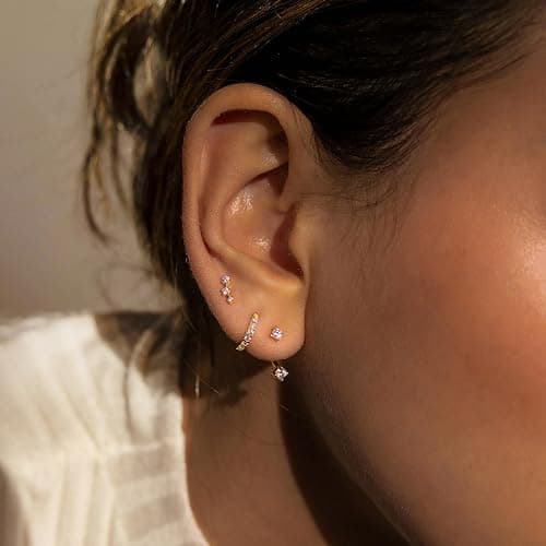 3 Pairs Trendy Small Earrings for Women, Gold Plated Hypoallergenic Stud Huggie Jacket Stack for Cartilage Helix, Dainty Cute Women Fashion Accessories Birthstone Western Jewelry Gifts thumbnail 5