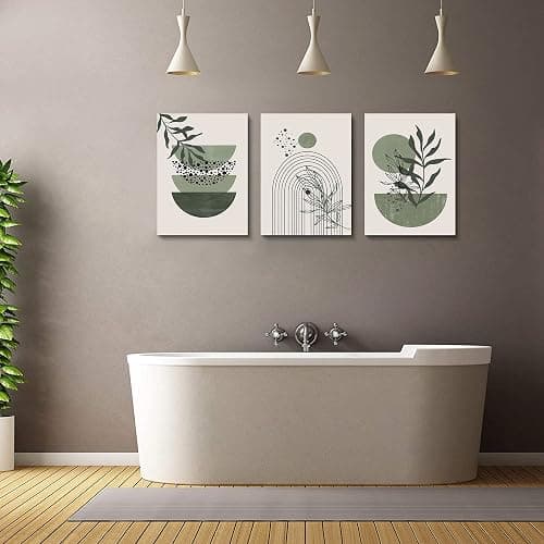 Sage Green Wall Posters & Prints, Green Boho Wall Art Set of 3, Minimalist Framed Wall Art Geometric Line Leaf Sun Moon Beige Green Canvas Artwork Paintings thumbnail 5