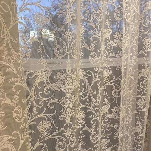TUDECO Beige Lace Curtains for Bedroom - Floral Sheer Boho Crochet Curtains 63 Inch Length, Natural Ruffle Short Rod Pocket Light Filtering Window Treatment Grandma Core Decor, 59 x 63 Inch thumbnail 4