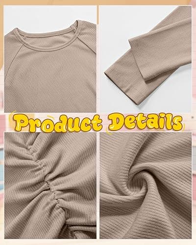 LessonZoo 3 Pack Girls Long Sleeve Shirts Ribbed Knit Draw Pleats Tops Slim Fit Crew Neck Cotton Undershirts Cute Sizes 5-14 thumbnail 5