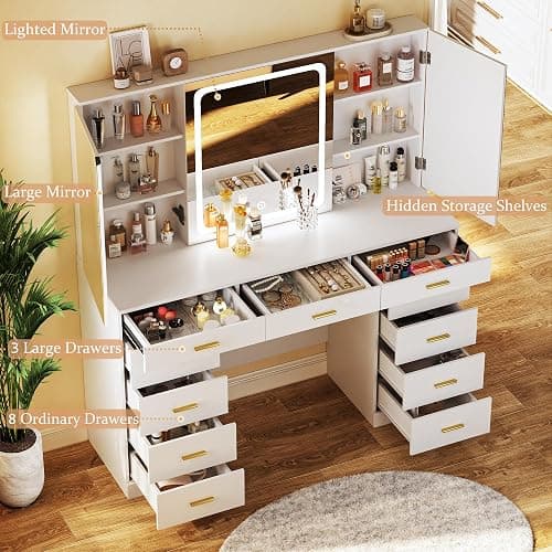 Vanity Desk with Mirror and Lights, 47.2" Makeup Vanity with 11 Storage Drawers and Hidden Storage Shelves, White Vanity with Charging Stations & 3 LED Lighting Modes Adjustable, for Bedroom thumbnail 3