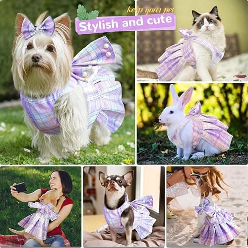 PETCARE Cute Dog Dress Clothes for Small Dogs Cats Girl Female Purple Plaid Bow Tie Dog Harness Dresses Leash Set with Pearls Bow Accessories Birthday Puppy Dress Shih Tzu Yorkies Chihuahua Outfits thumbnail 3