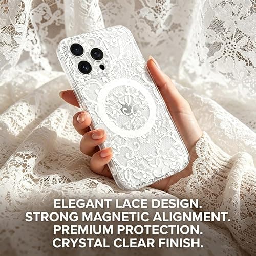L-FADNUT for iPhone 16 Pro Max Case Lace Clear Flower Magnetic,White | [Compatible with Magsafe] Aesthetic Vintage Floral Lace Case Soft TPU Slim Shockproof Translucent Girly Cover Women Girls thumbnail 4