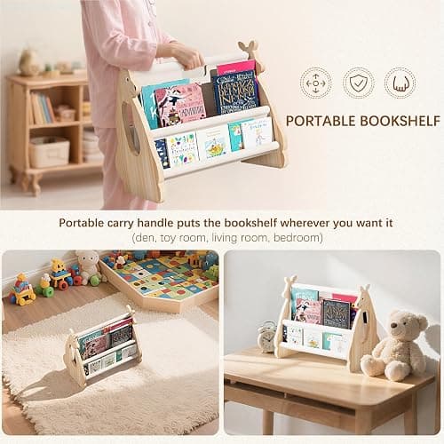 Lullulii Double Sided Kids Bookshelf – 2 Tier Portable Toddler Bookshelf, Book Shelf for Kids Rooms & Playroom, Cute Kangaroo Design Wooden Montessori Baby Bookshelf,Toddler Book Display Shelves thumbnail 6