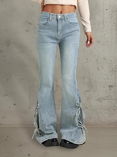 Women Bell Bottom Jeans Lace Up Bow Stretch Flare Denim Pants Cute Y2k Vintage Jeans thumbnail 2
