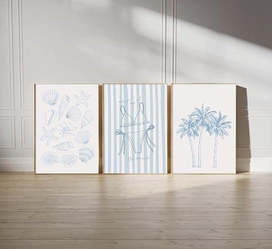 Blue Coastal Bikini Shells Canvas Wall Art Trendy Swimsuit Beach Aesthetics Painting Picture Wall Decor Preppy Coastal Print Artwork for Hallway Bedroom And Living Home Decoration【UNFRAMED】 thumbnail 2