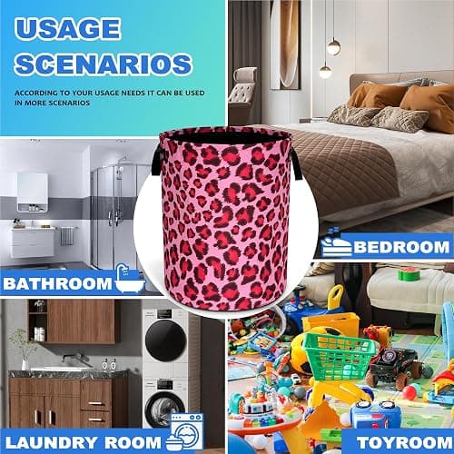 Pink Leopard Skin Laundry Basket Foldable Oxford Cloth Hamper 18.9x16.5 In | With Handle Large-Capacity Portable Clothes Storage Basket For Bathrooms, Laundry Rooms, Bedrooms，Living Rooms thumbnail 5