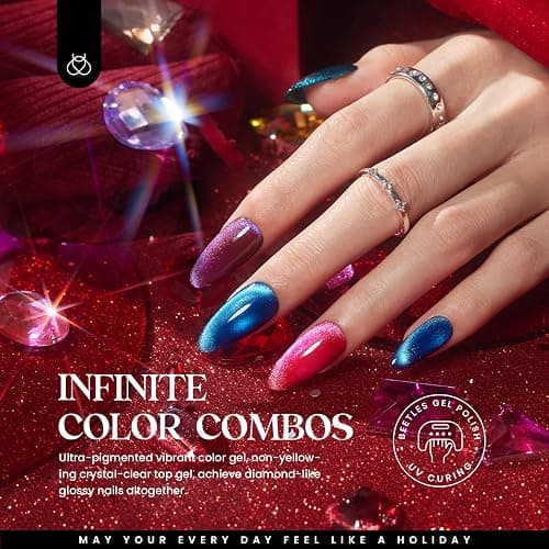 Beetles Cat Eye Gel Nail Polish Set, 20 Colors Magnetic Gel Polish Red Purple Blue Color Polish Set with Double-ended Pen and Magnet, Base&Top Coat, Manicured Soak Off UV Spring Gifts for Women - 5-20 Colors Gemstone Party thumbnail 5