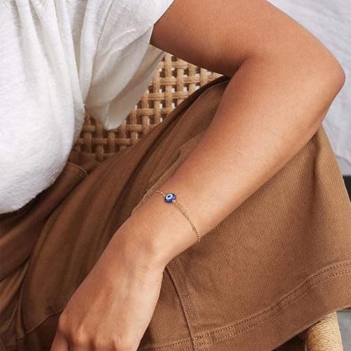 Dainty Evil Eye Bracelets for Women, Gold Plated Adjustable Evil Eye Lucky Amulet Chain Bracelet Jewelry Gifts thumbnail 2