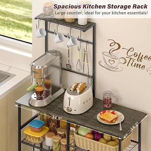 3IngSeagulls Bakers Rack with Power Outlet, Kitchen Microwave Stand with 10 S-shaped Hooks, 6-Tier Coffee Bar Station, Kitchen Storage Shelf Rack for Spices, Pots, Gray thumbnail 5