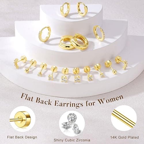 Turandoss Gold Stud Hoop Earrings for Women, Hypoallergenic 14K Gold Plated Small Huggie Hoop Earrings Flat Back Cartilage Earring Stacks Set for Multiple Piercing Gold Earrings for Women thumbnail 3