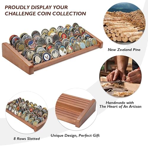 ASmileIndeep 8 Rows Solid Wood Challenge Coin Display Stand - Military Holder for Up to 60-70 Coins - Ideal Rack for Army Navy Marine Corps Law Enforcement Collectors, Walnut Finish thumbnail 3