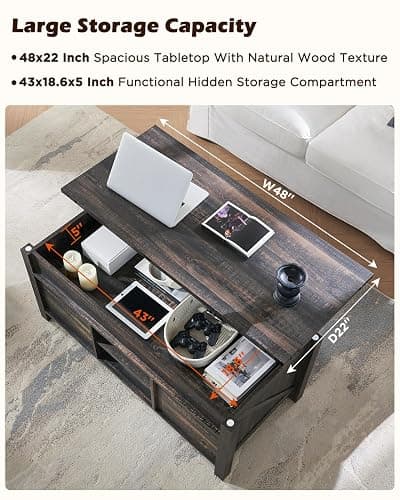 OKD 48" Farmhouse Lift Top Coffee Table with Sliding Barn Door,Rustic Center Table with Hidden Storage Compartment,Lifting Tabletop and Adjustable Shelf for Living Room,Office,Dark Rustic Oak thumbnail 4
