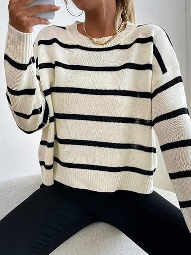 GORGLITTER Women's Striped Drop Shoulder Sweater Oversized Crew Neck Knit Sweaters Pullover Top thumbnail 3