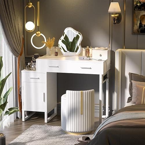 Vanity Desk with 4 Storage Drawers - Modern Makeup Vanity Table with Charging Station, White Vanity Desk with Reversible Cabinet Dressing Table Set with Divided Organizers for Women Girls, White thumbnail 8